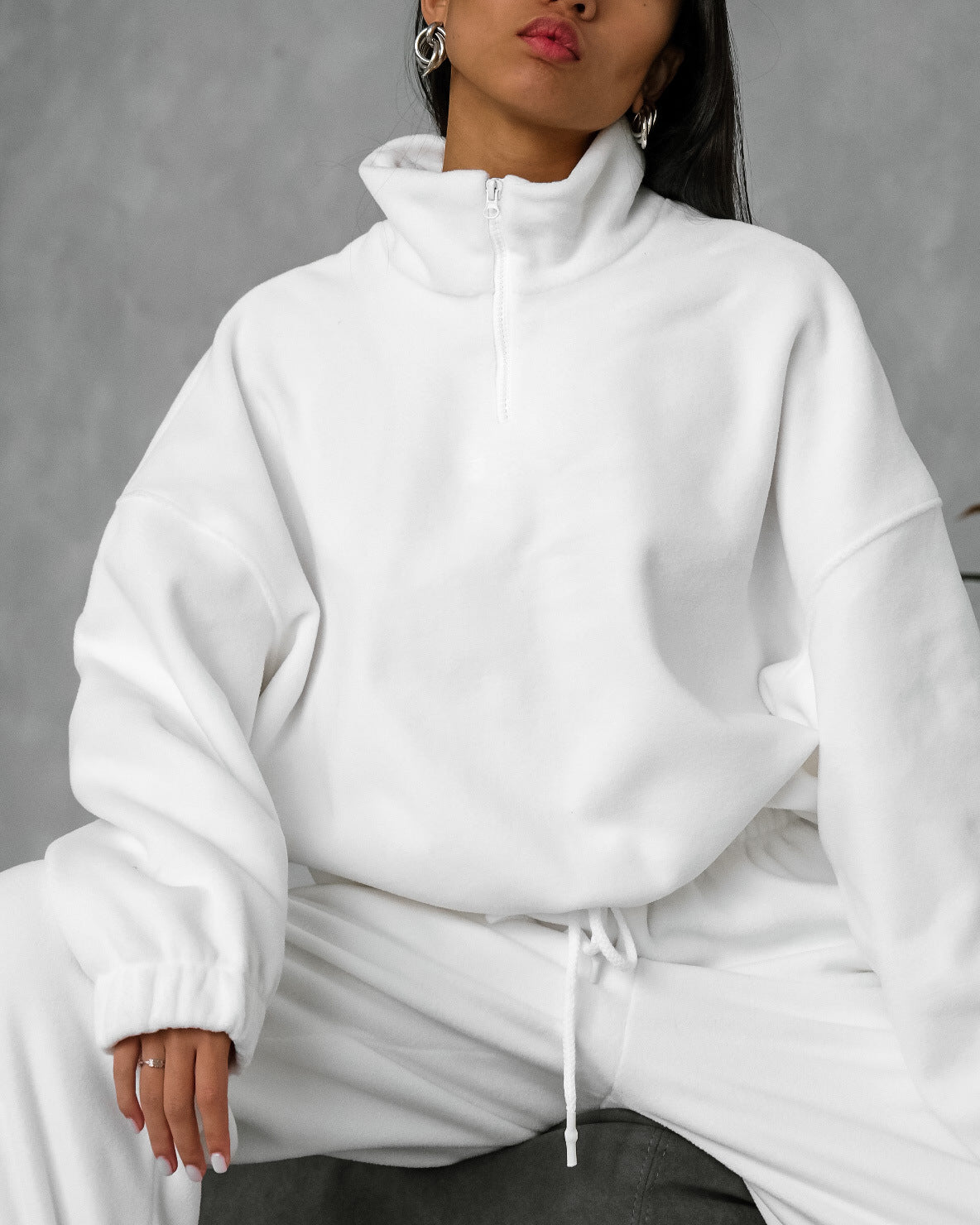 PP5972 Spring Autumn Plain Loose Zip Up Stand Collar Sweatsuit 2-Piece Set Abaya