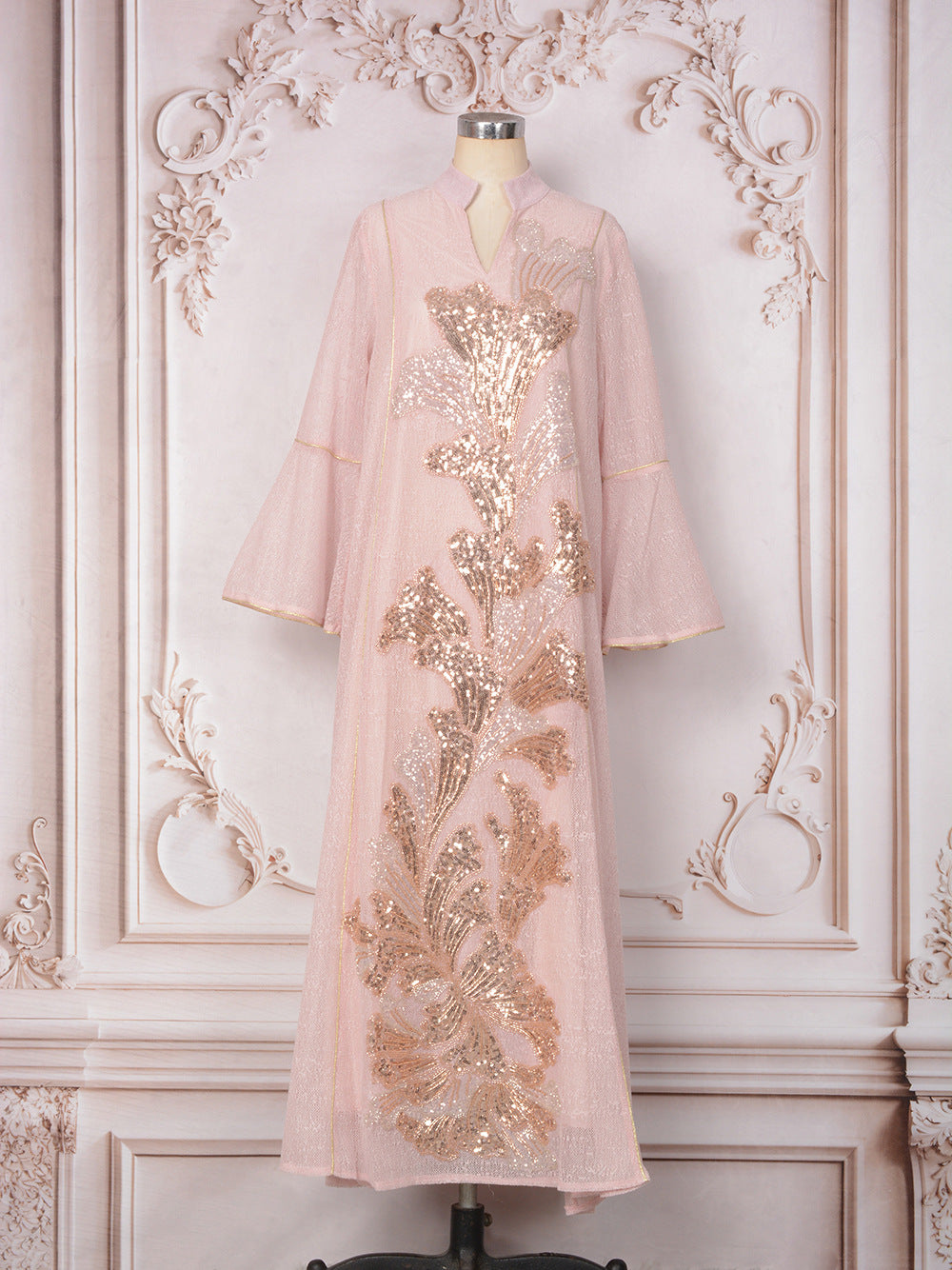 MT557  Stand Collar Sequin Beaded Embroidered Luxury Dress