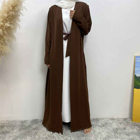 1991 Solid color reversible cardigan with pockets and tie abaya