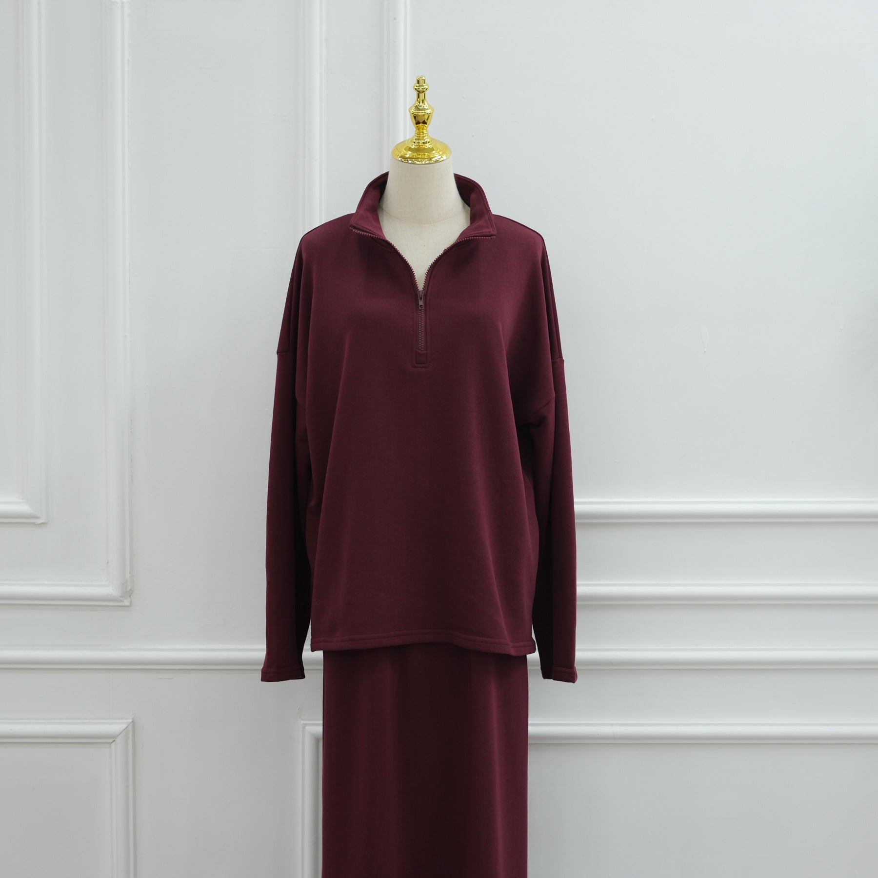 LR1127  Casual Loose Zipper Collar Top and Skirt 2-Piece Set