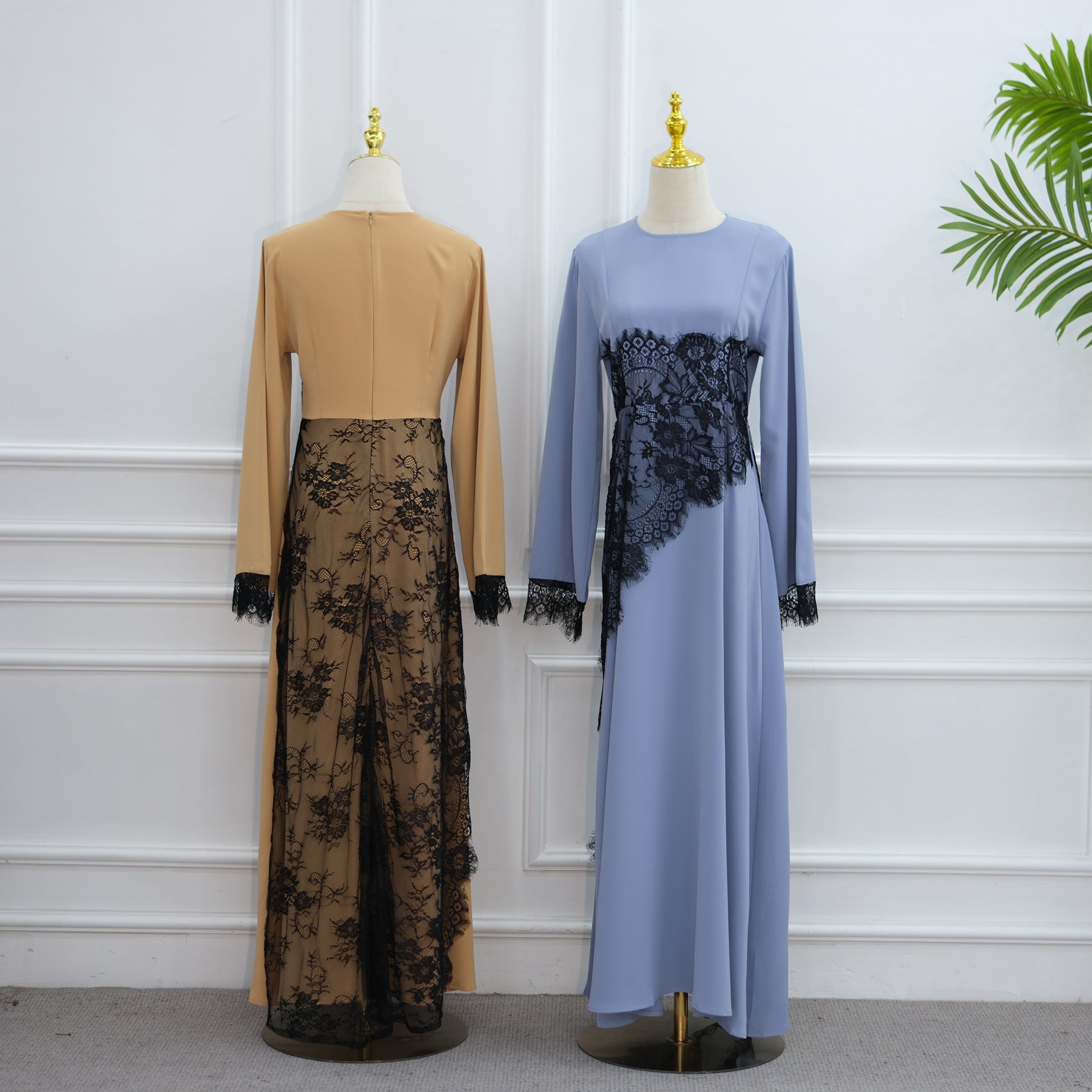 LR1174  Plus size lace panel long sleeve waist-cinching dress