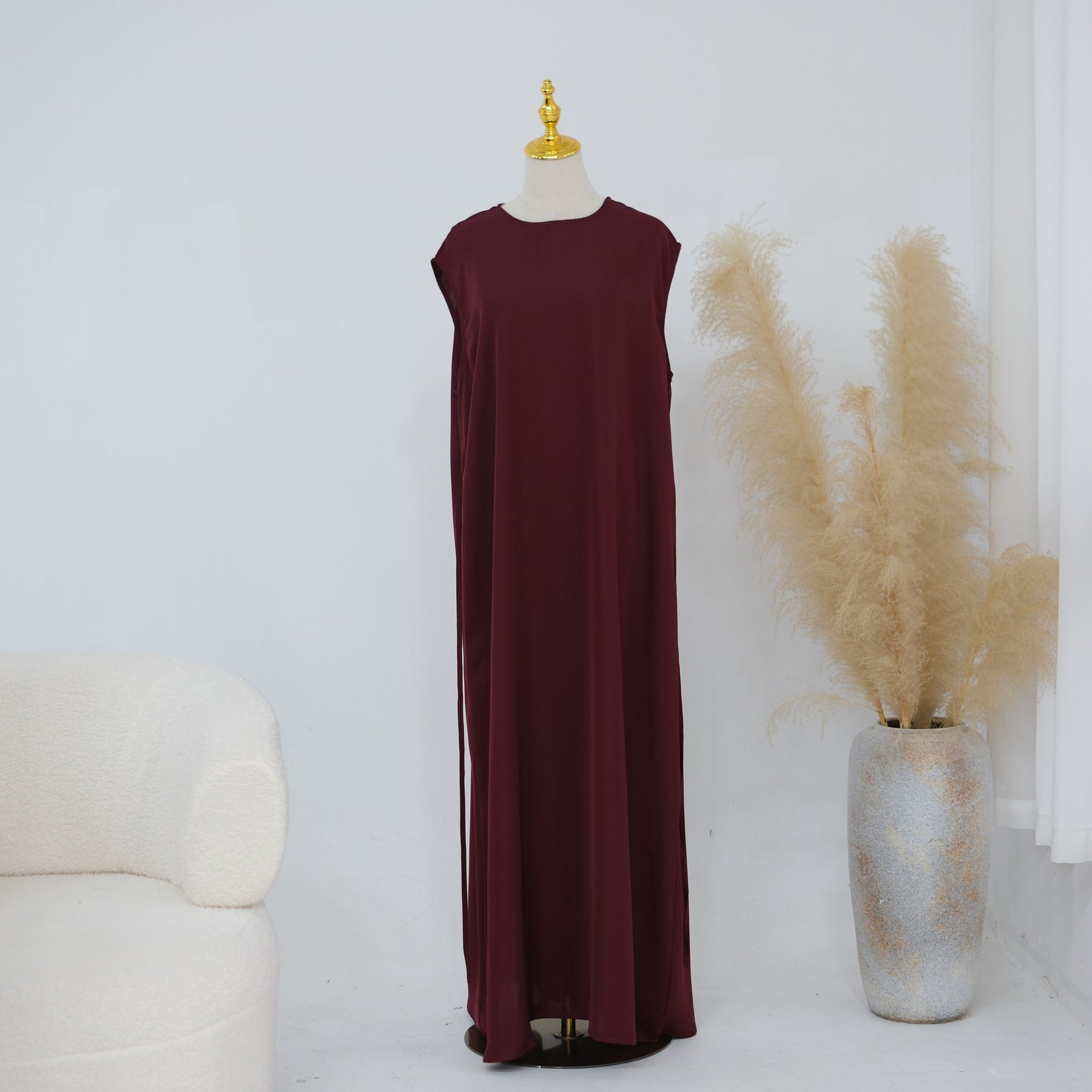 LR1191  Plain Nida Gold Foil Lace Open Abaya + Inner Layer + Hijab Set