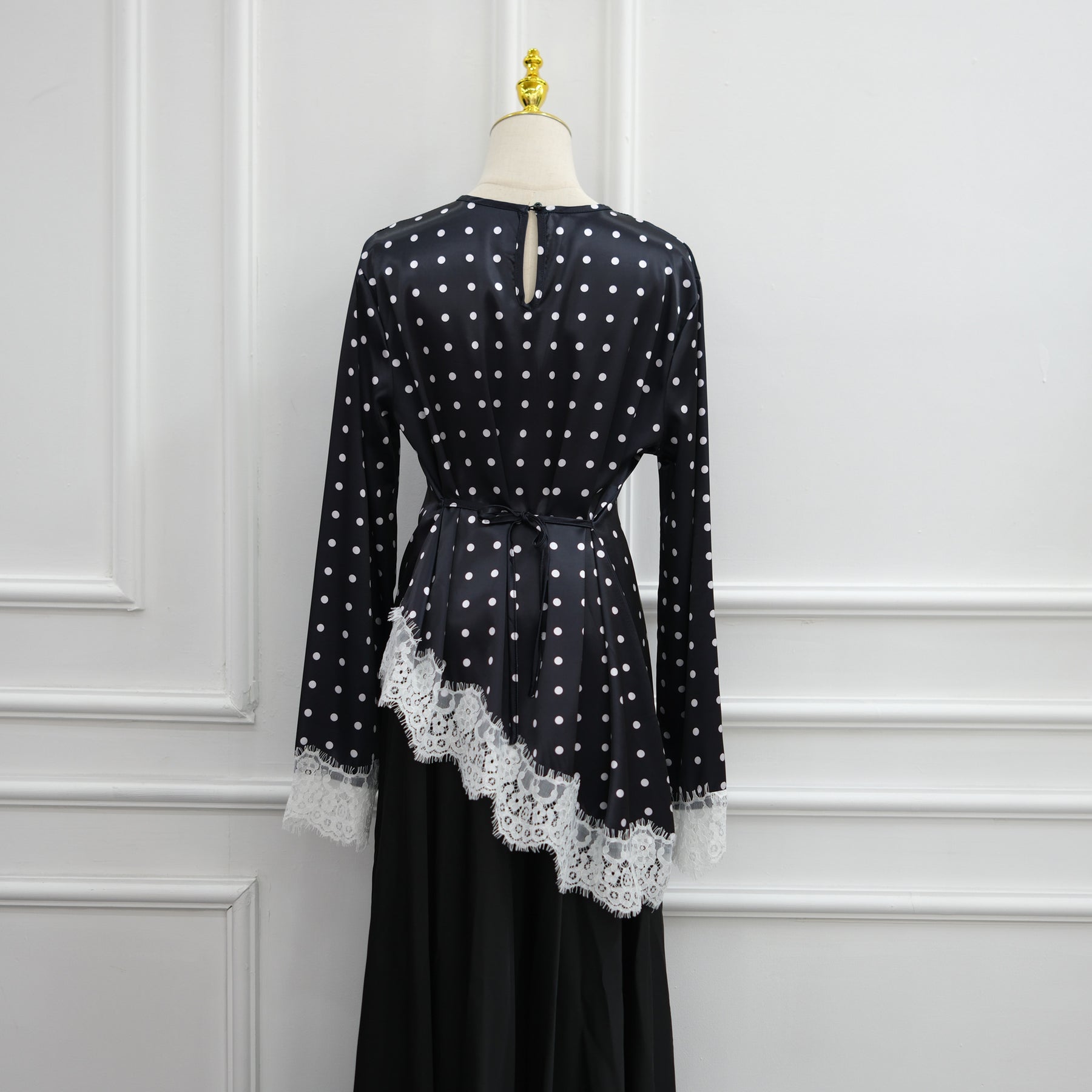 LR1357&LR1185  Lace Panel Polka Dot Polyester Top + Skirt Set