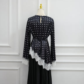 LR1357&LR1185  Lace Panel Polka Dot Polyester Top + Skirt Set