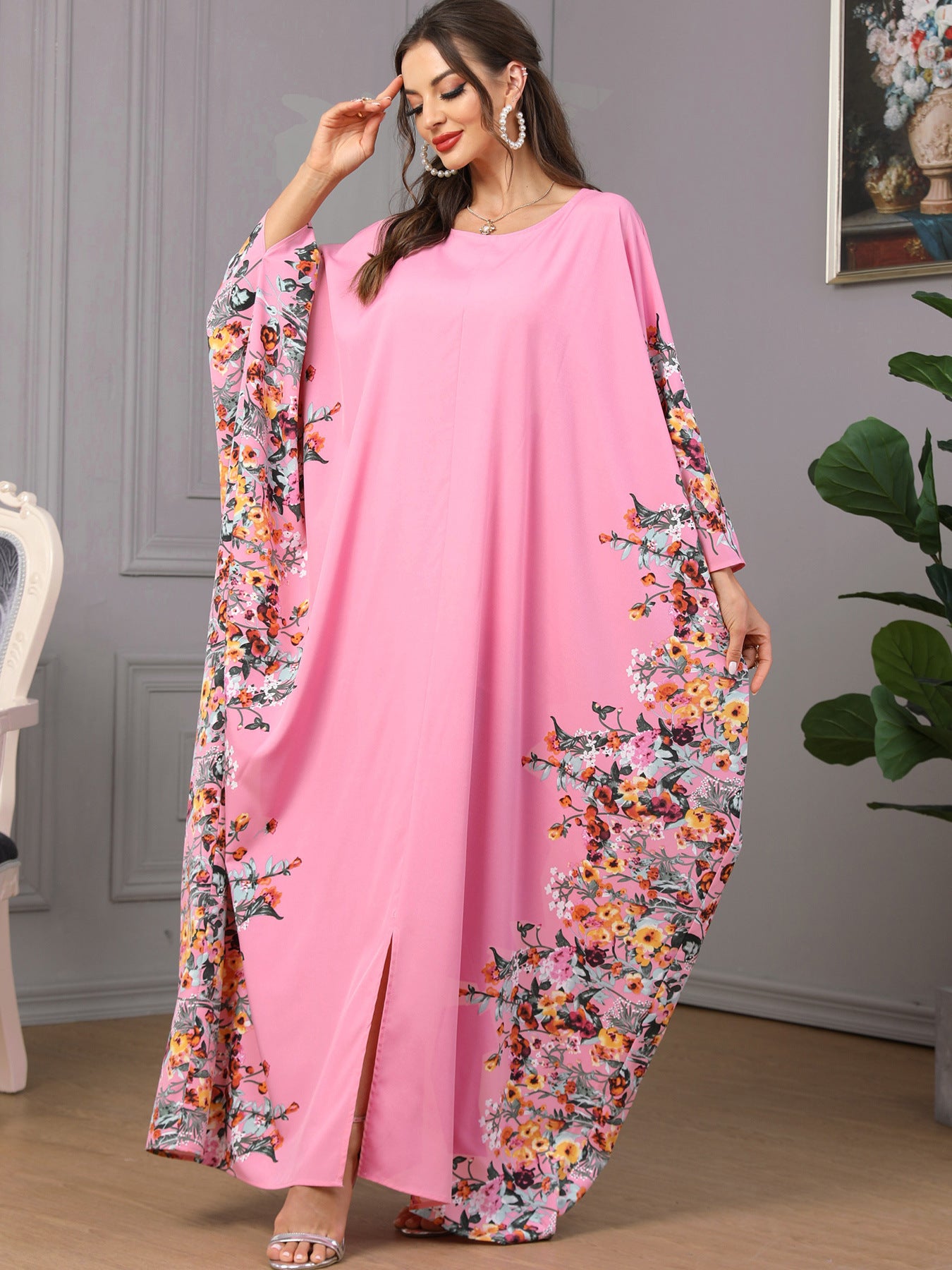 3422  Batwing sleeve printed dress