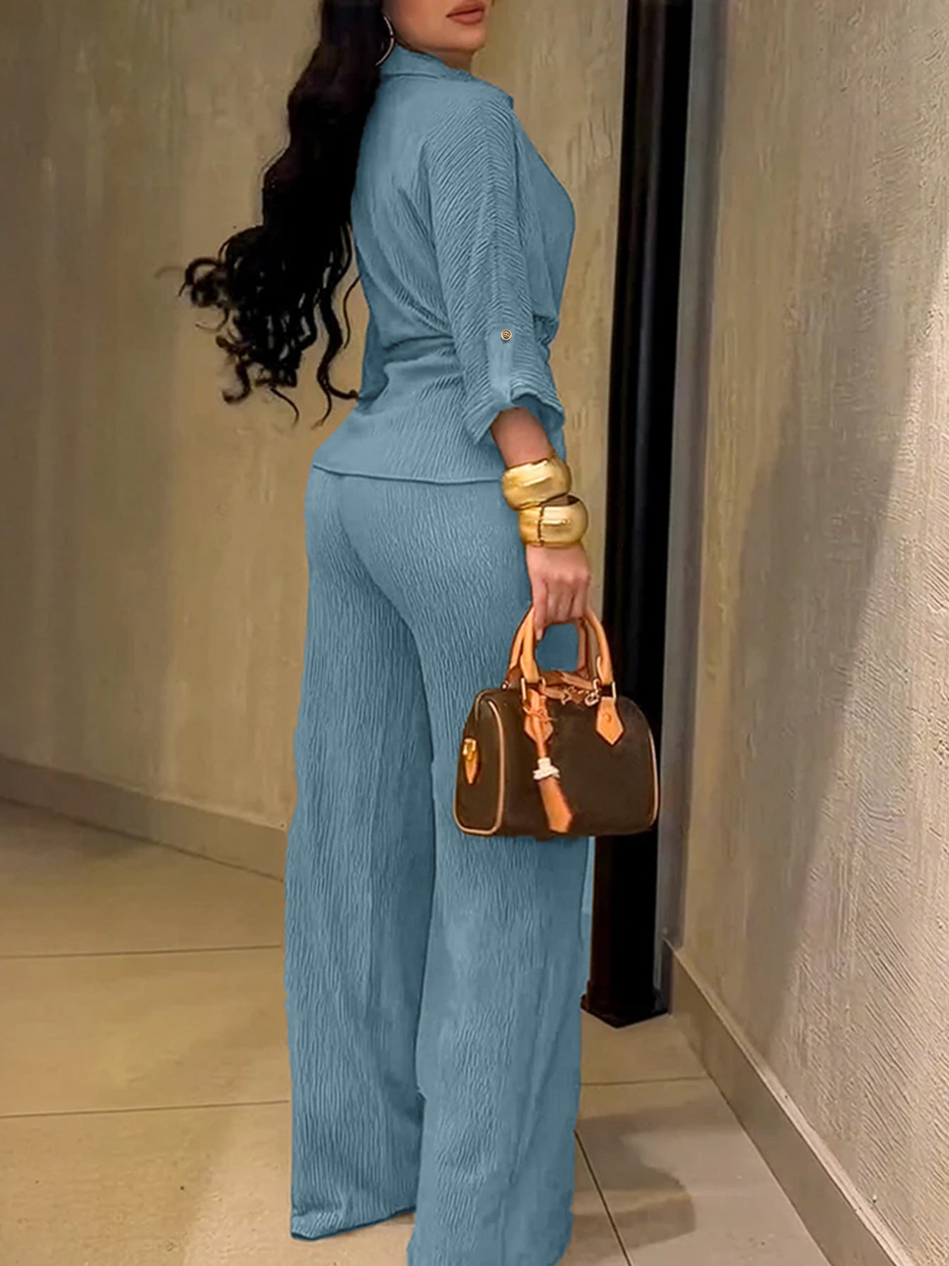 HC55359  Women's Lapel Button Shirt & Drawstring Wide-Leg Pants Set