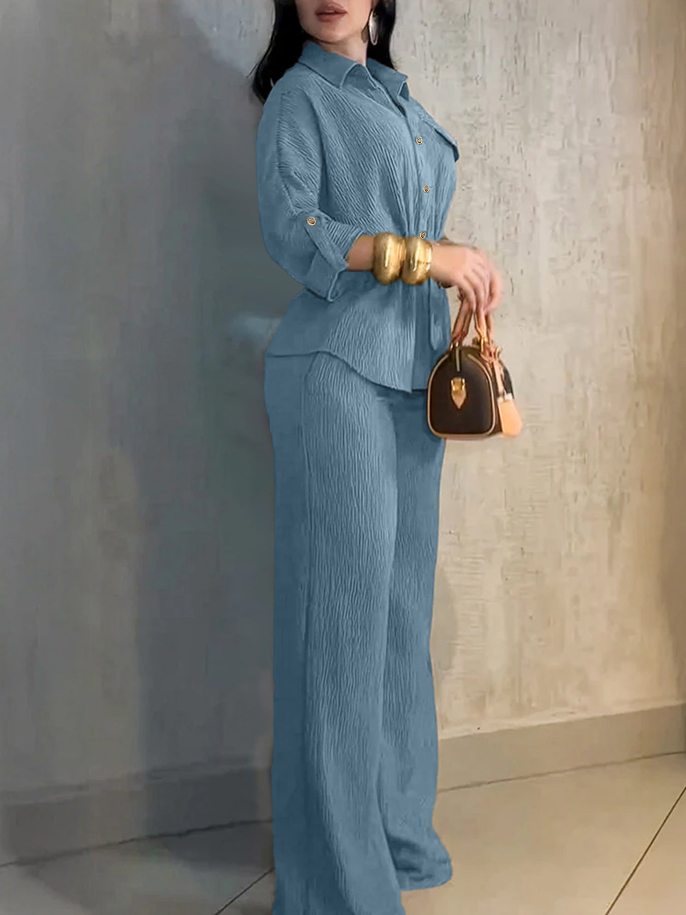 HC55359  Women's Lapel Button Shirt & Drawstring Wide-Leg Pants Set