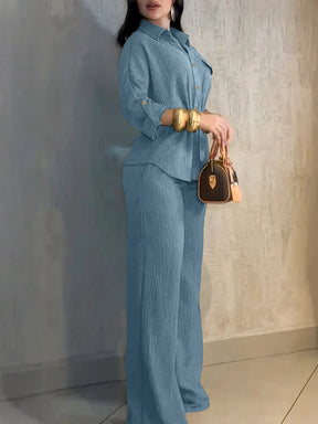 HC55359  Women's Lapel Button Shirt & Drawstring Wide-Leg Pants Set