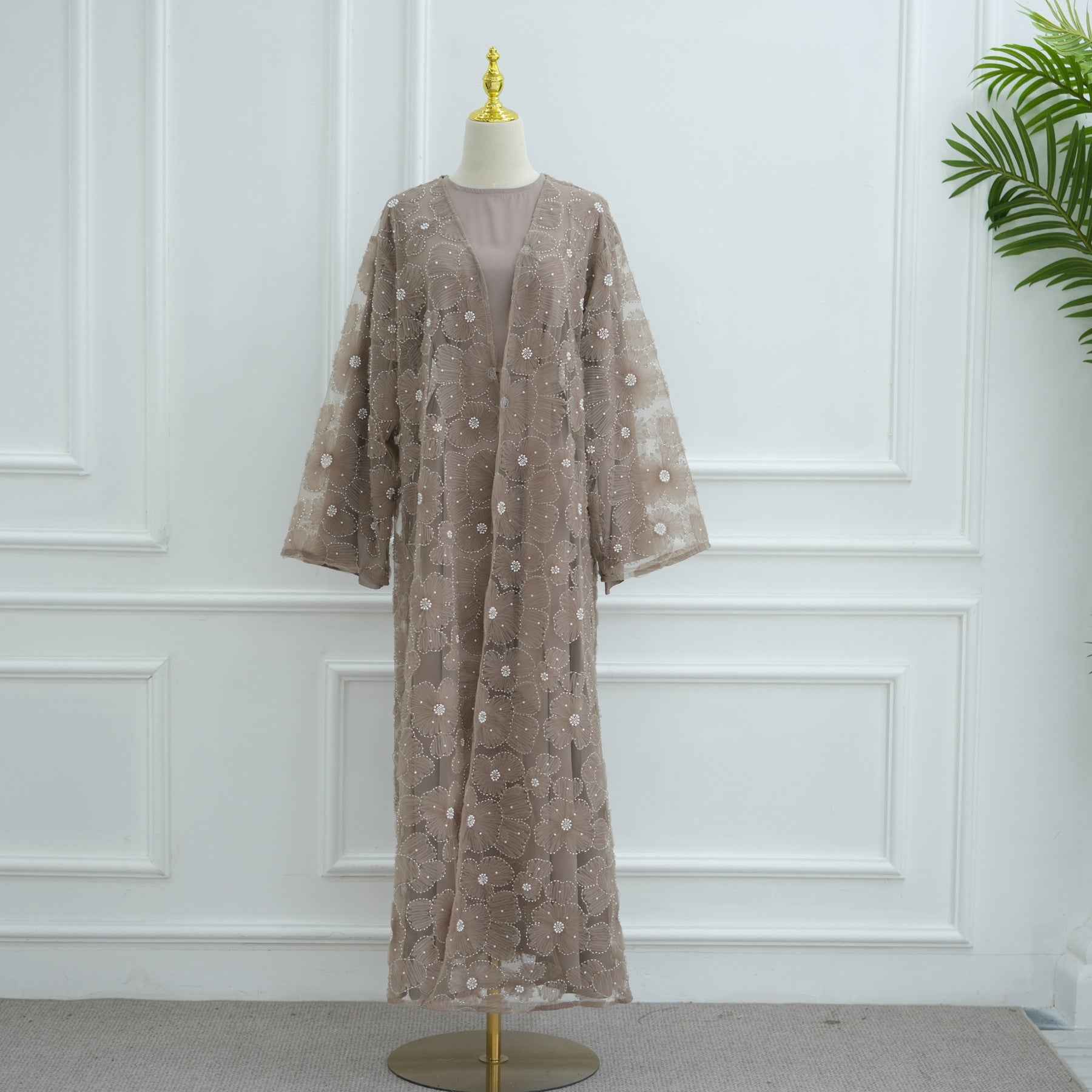 LR1069  3D Floral Beaded Cardigan Abaya