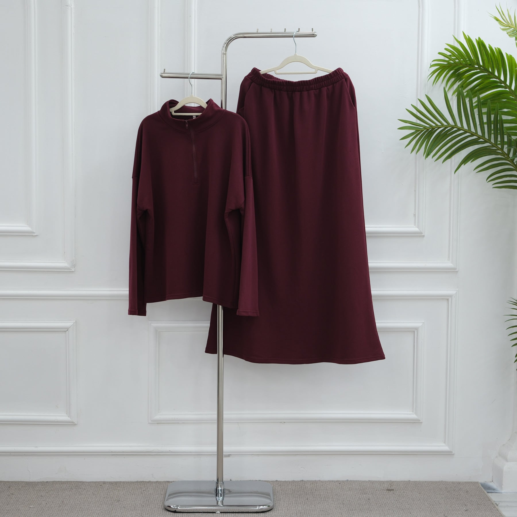 LR1127  Casual Loose Zipper Collar Top and Skirt 2-Piece Set