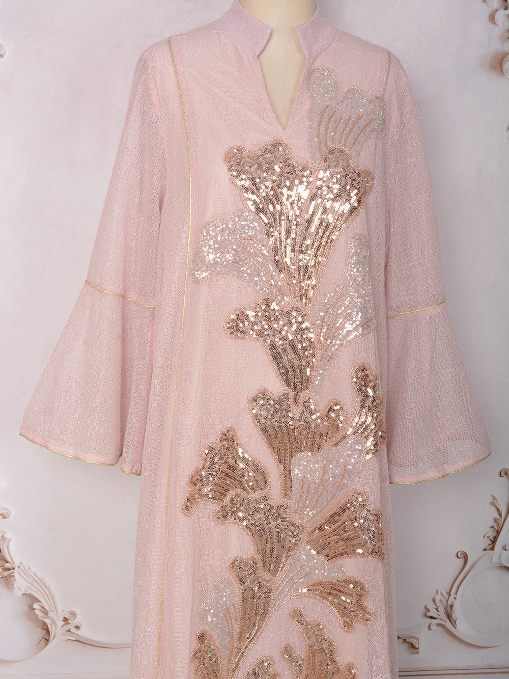 MT557  Stand Collar Sequin Beaded Embroidered Luxury Dress