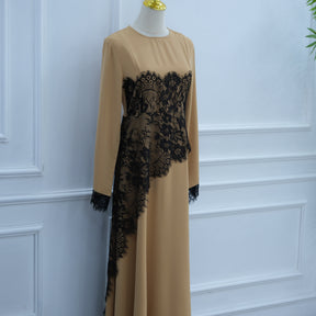 LR1174  Plus size lace panel long sleeve waist-cinching dress