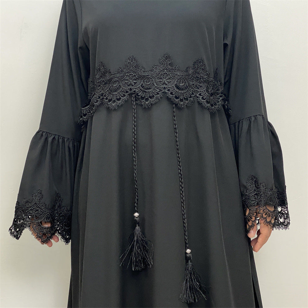 16001 plain Lace stitching muslim abaya dress