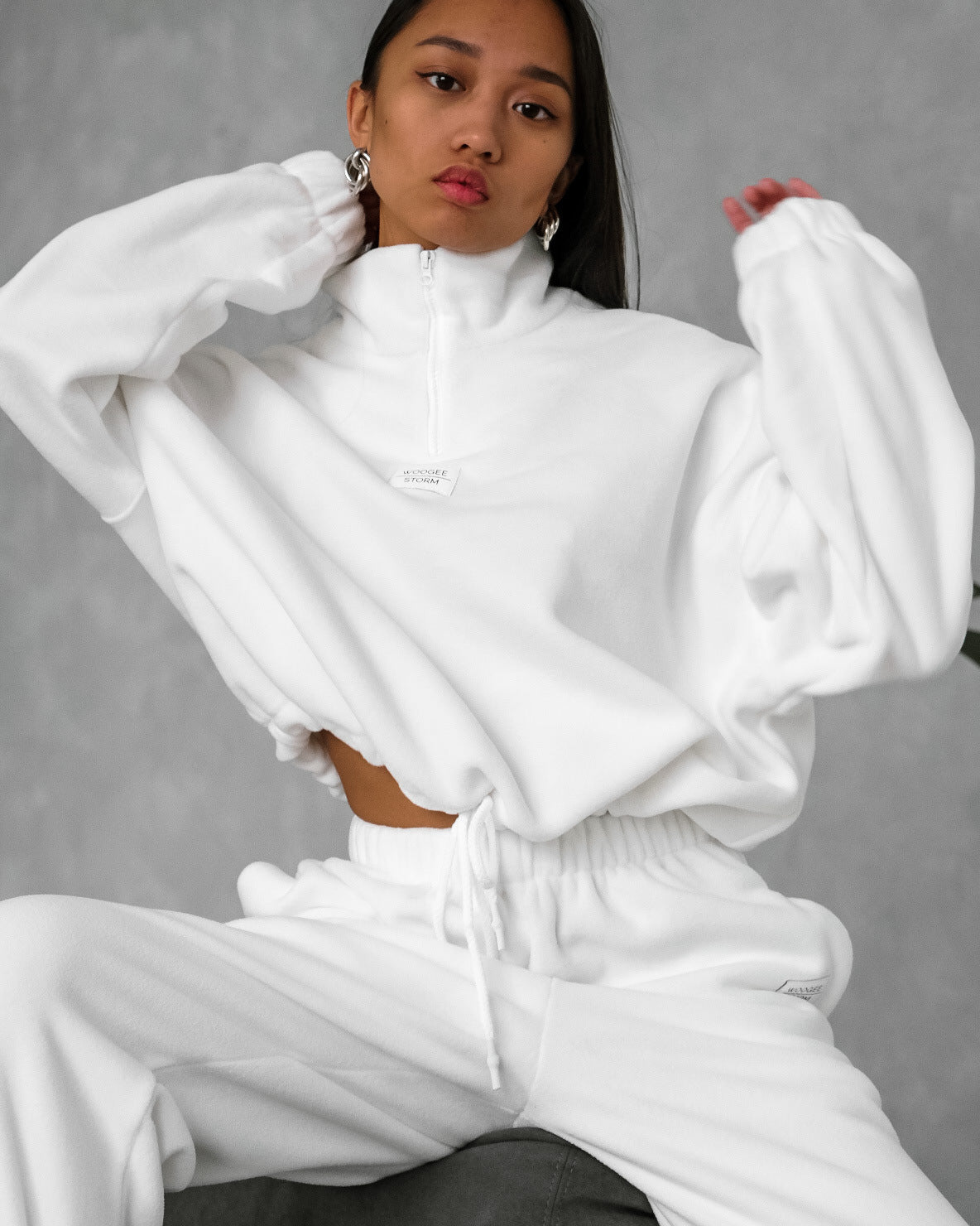 PP5972 Spring Autumn Plain Loose Zip Up Stand Collar Sweatsuit 2-Piece Set Abaya