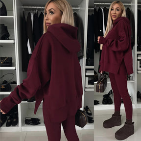 M80070  Women's Plain Printed Hooded Sweatsuit Autumn Winter Set
