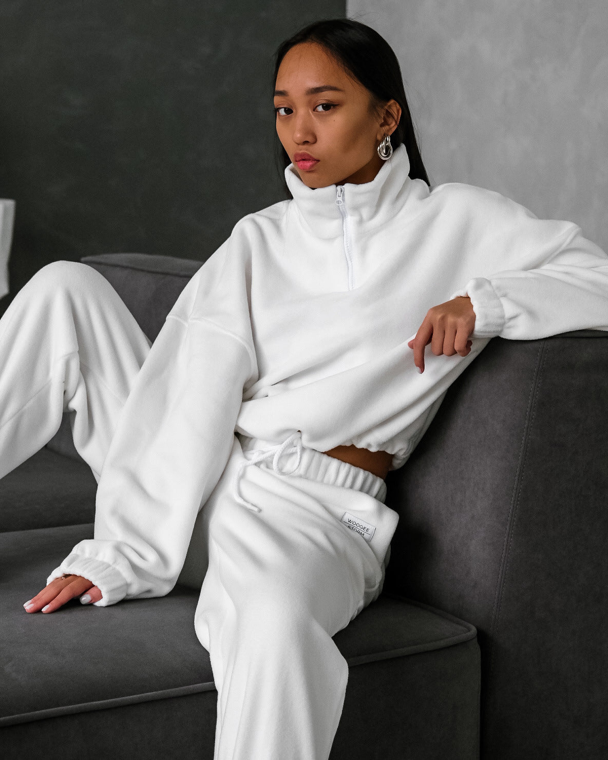 PP5972 Spring Autumn Plain Loose Zip Up Stand Collar Sweatsuit 2-Piece Set Abaya