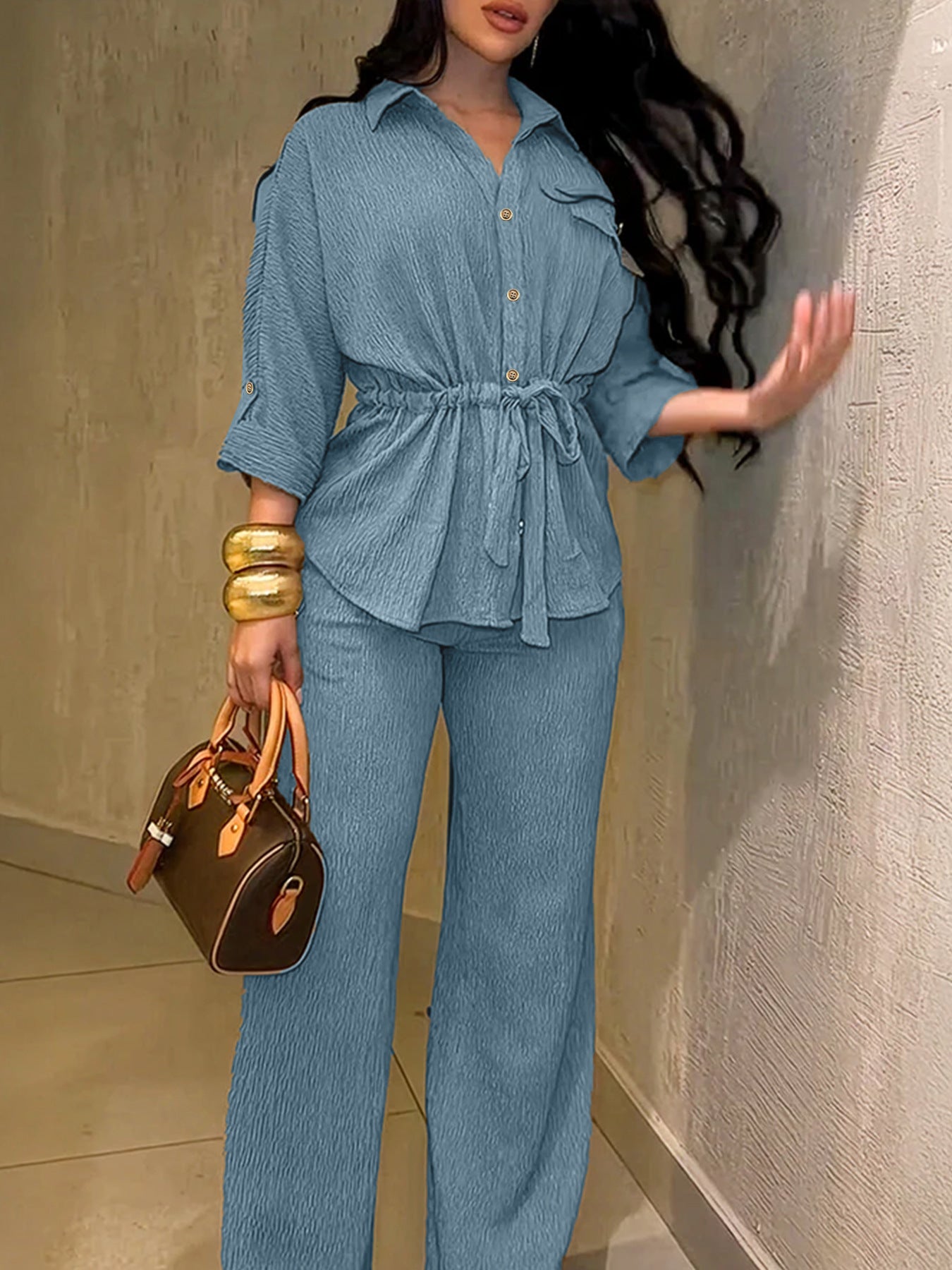 HC55359  Women's Lapel Button Shirt & Drawstring Wide-Leg Pants Set