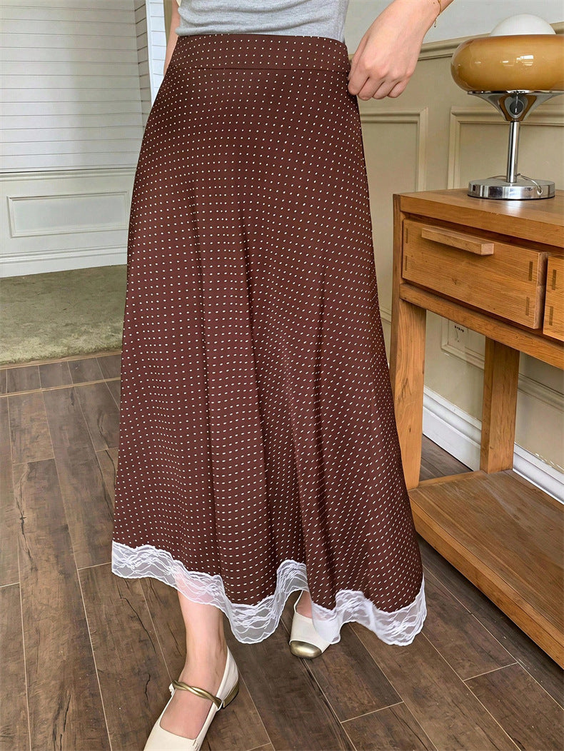 DM3351  Elastic-Waist Diamond Pattern Polyester Lace-Trim Maxi Skirt