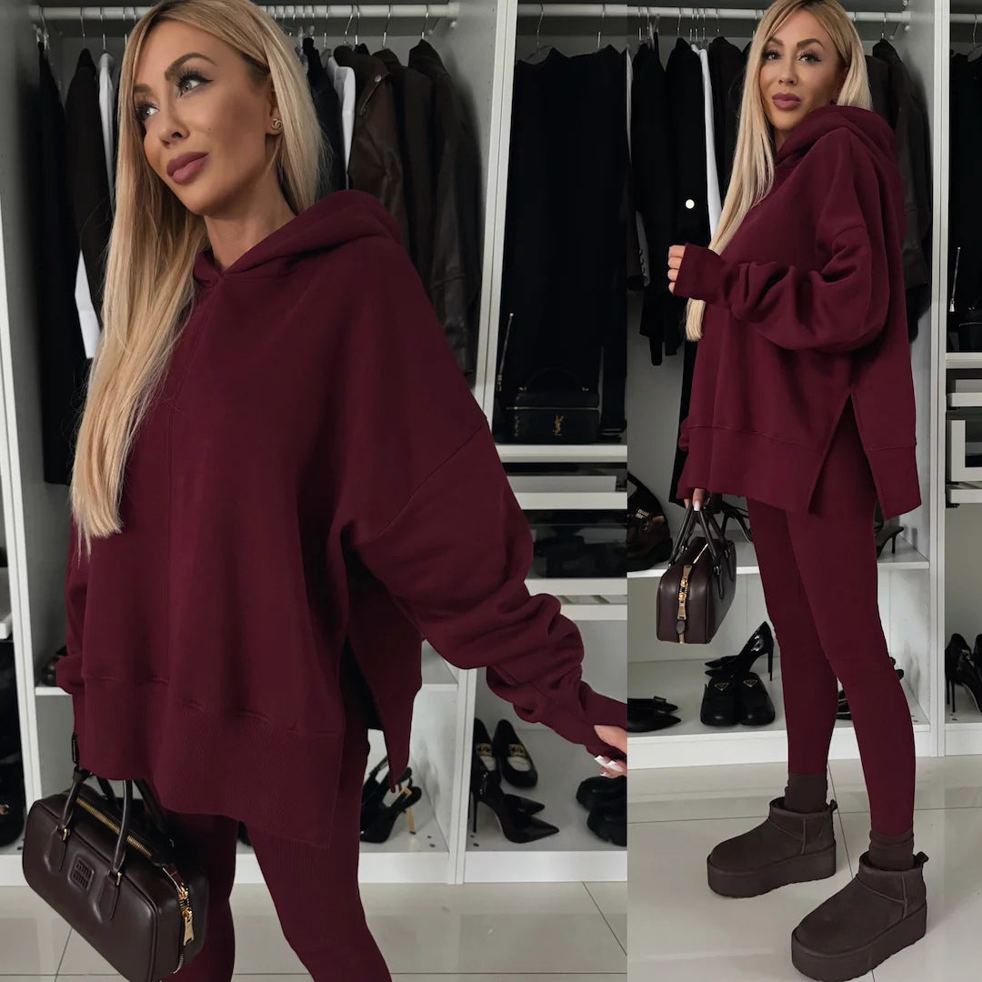 M80070  Women's Plain Printed Hooded Sweatsuit Autumn Winter Set