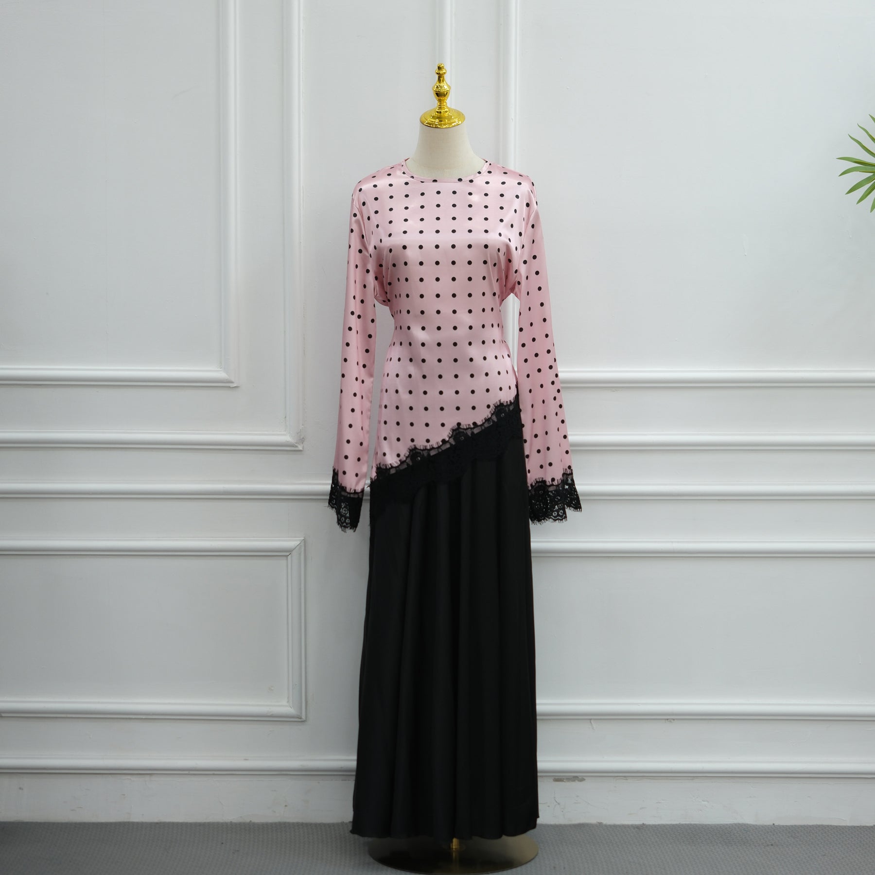 LR1357&LR1185  Lace Panel Polka Dot Polyester Top + Skirt Set