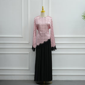 LR1357&LR1185  Lace Panel Polka Dot Polyester Top + Skirt Set