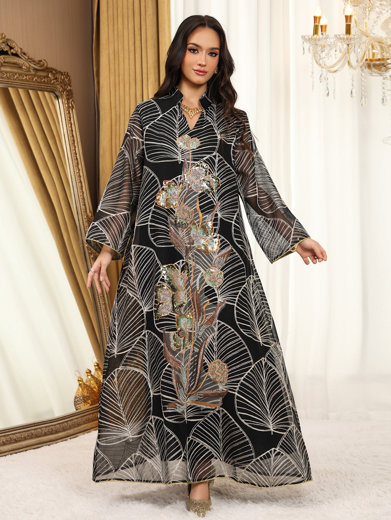 AB485  Mesh Embroidered Maxi Dress Ethnic Women's Clothing