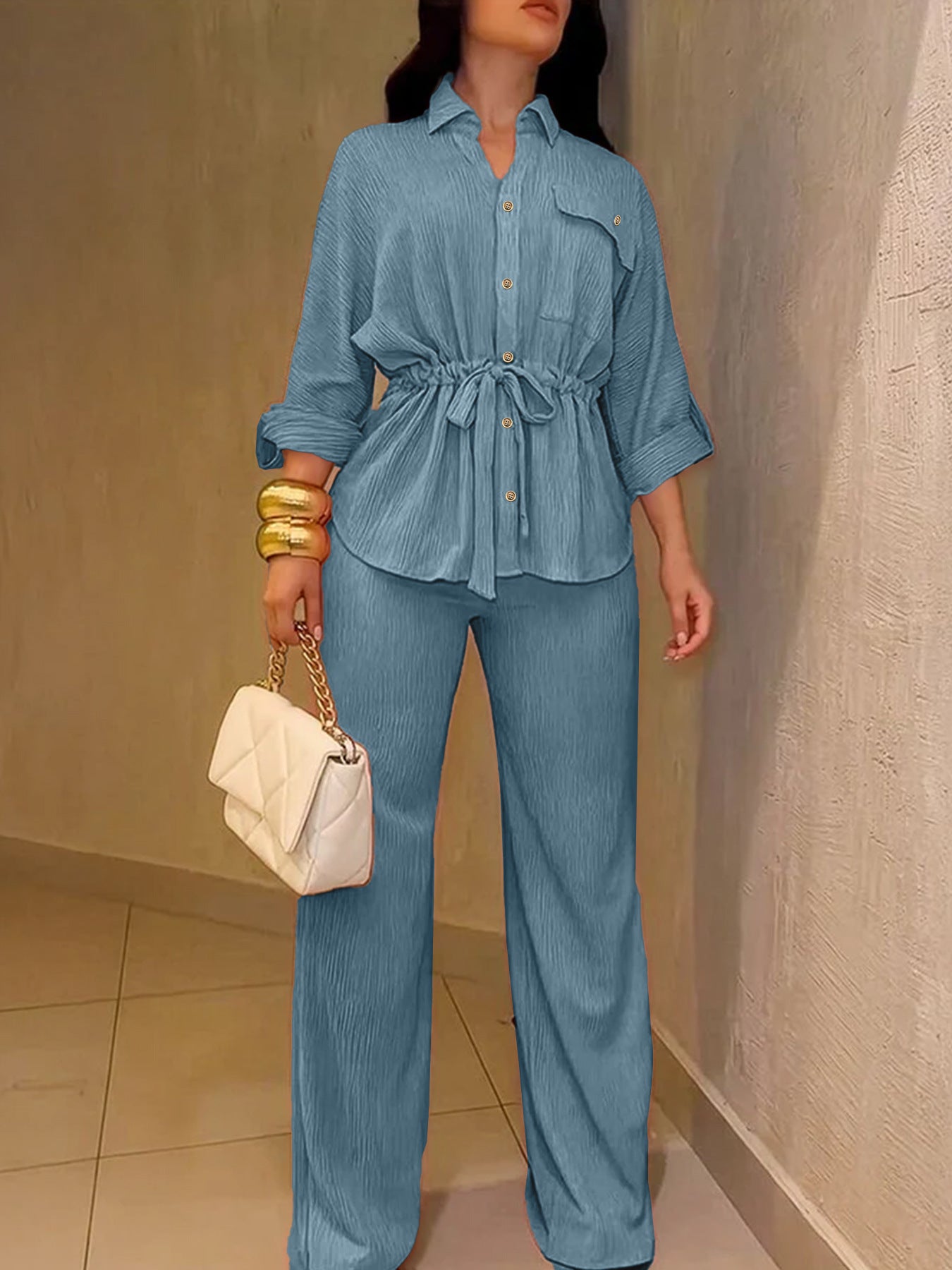 HC55359  Women's Lapel Button Shirt & Drawstring Wide-Leg Pants Set