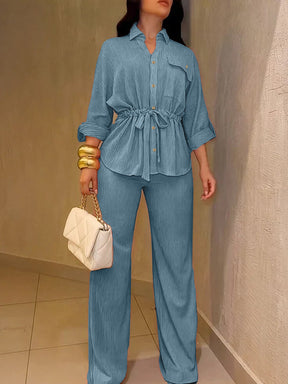 HC55359  Women's Lapel Button Shirt & Drawstring Wide-Leg Pants Set