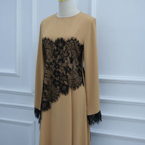 LR1174  Plus size lace panel long sleeve waist-cinching dress