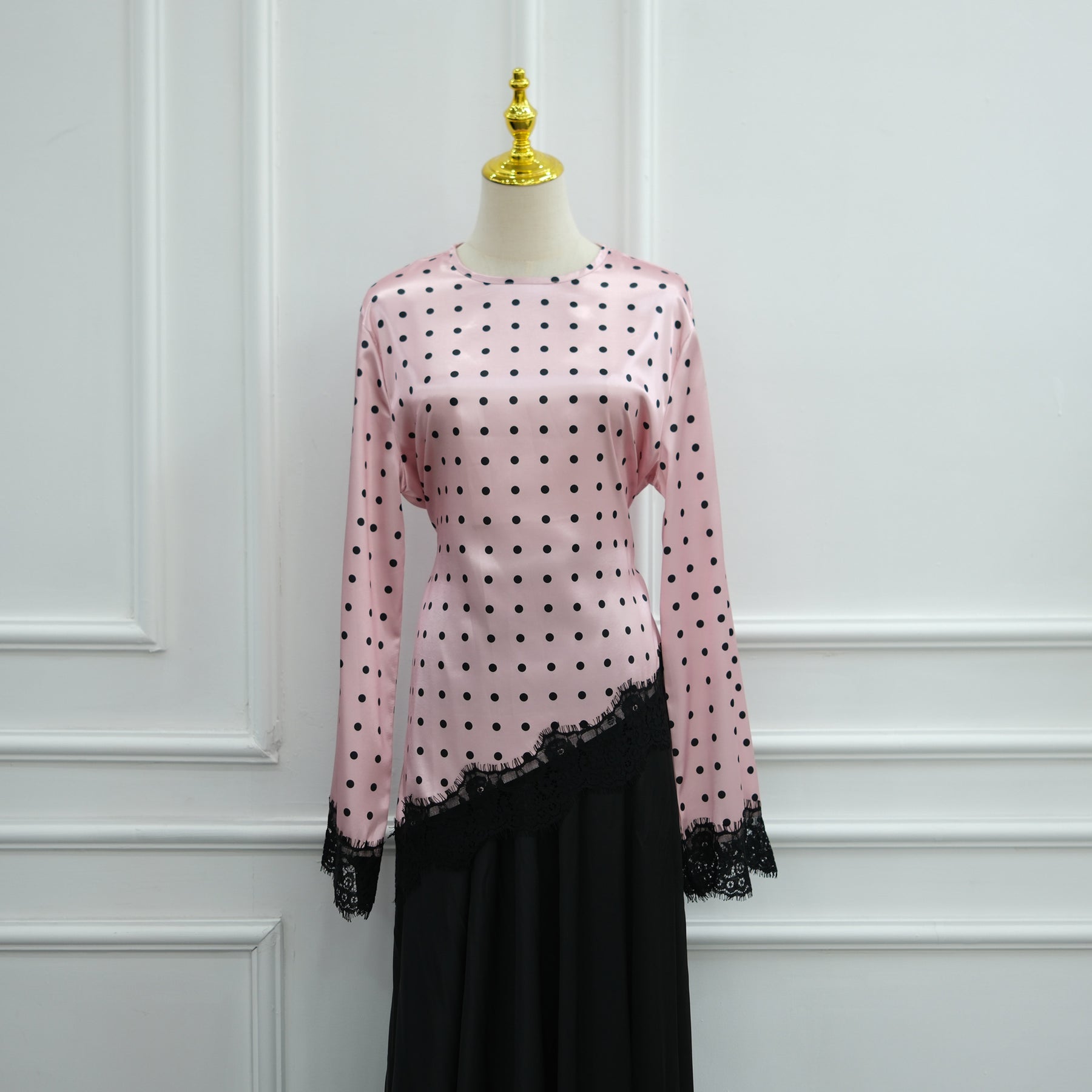 LR1357&LR1185  Lace Panel Polka Dot Polyester Top + Skirt Set