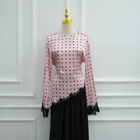 LR1357&LR1185  Lace Panel Polka Dot Polyester Top + Skirt Set