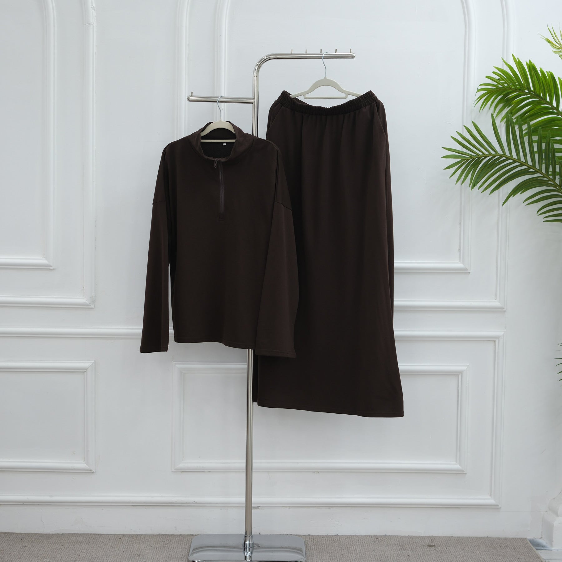 LR1127  Casual Loose Zipper Collar Top and Skirt 2-Piece Set