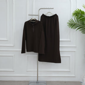 LR1127  Casual Loose Zipper Collar Top and Skirt 2-Piece Set