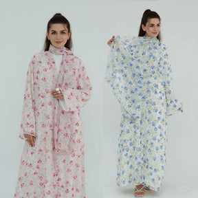 LR1067  Printed Chiffon Lined Open Abaya + Hijab Set