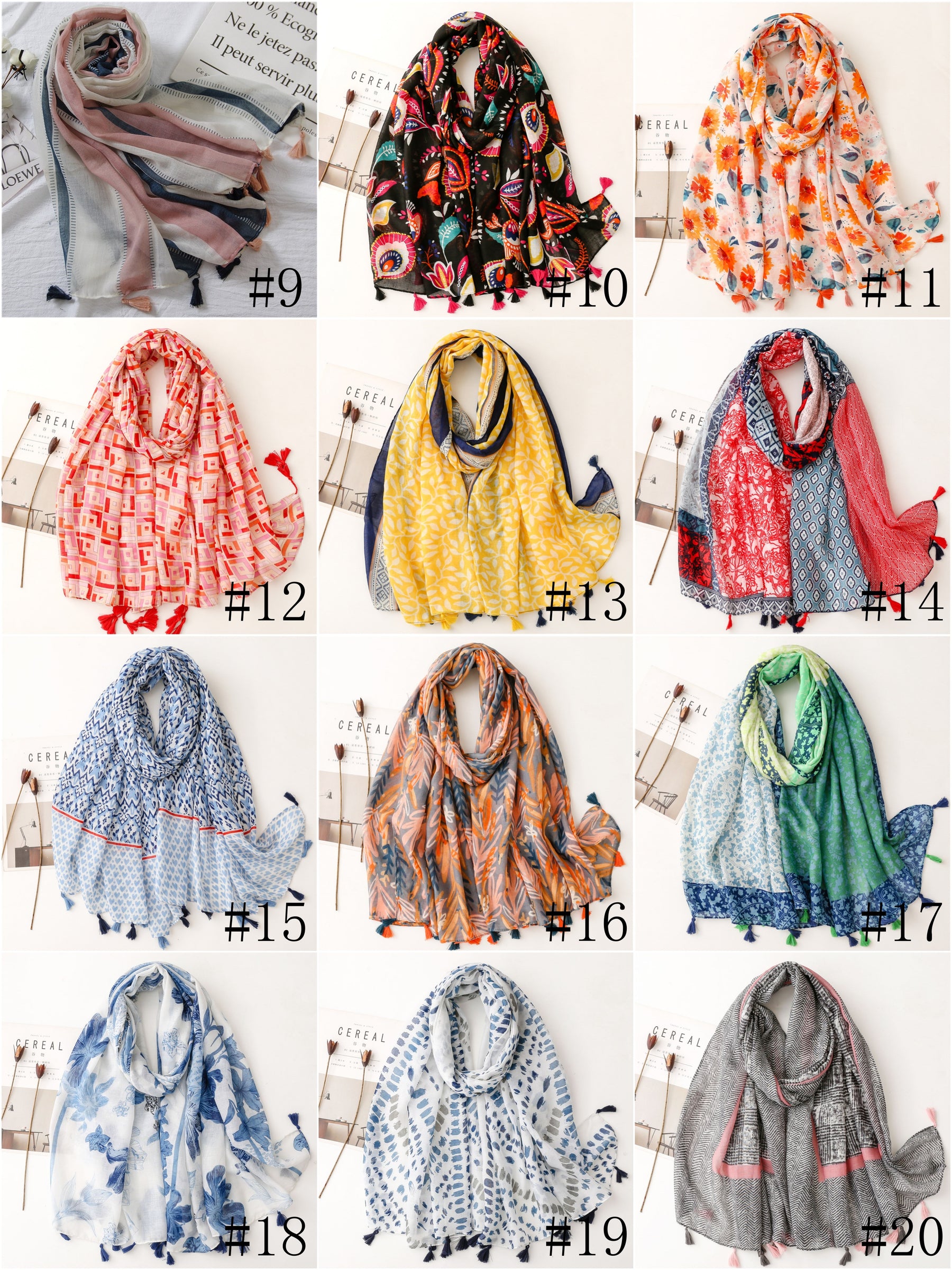 SL2202-009  Women's Ethnic Cotton Linen Feel Scarf with Wheat Ears Tassels