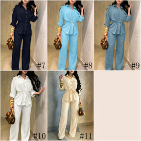 HC55359  Women's Lapel Button Shirt & Drawstring Wide-Leg Pants Set