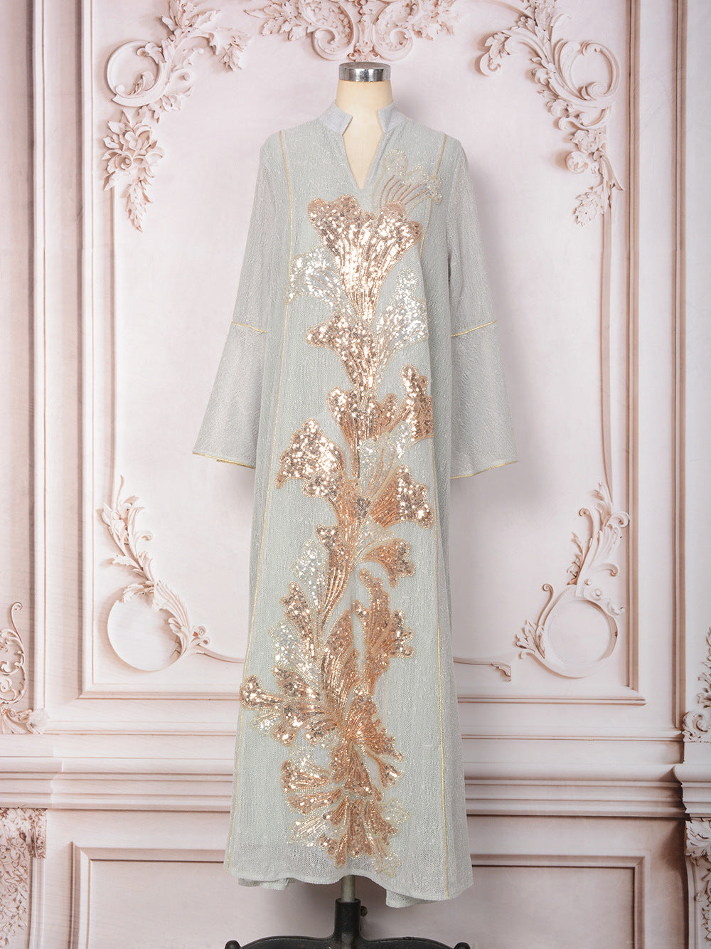 MT557  Stand Collar Sequin Beaded Embroidered Luxury Dress