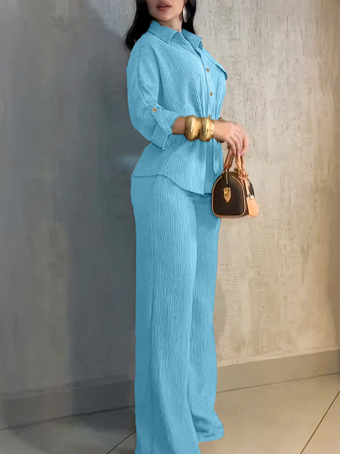 HC55359  Women's Lapel Button Shirt & Drawstring Wide-Leg Pants Set