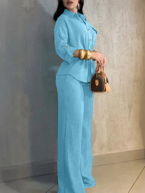 HC55359  Women's Lapel Button Shirt & Drawstring Wide-Leg Pants Set