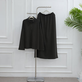 LR1127  Casual Loose Zipper Collar Top and Skirt 2-Piece Set