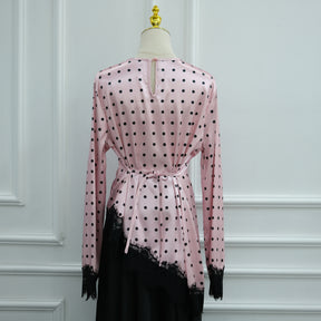 LR1357&LR1185  Lace Panel Polka Dot Polyester Top + Skirt Set