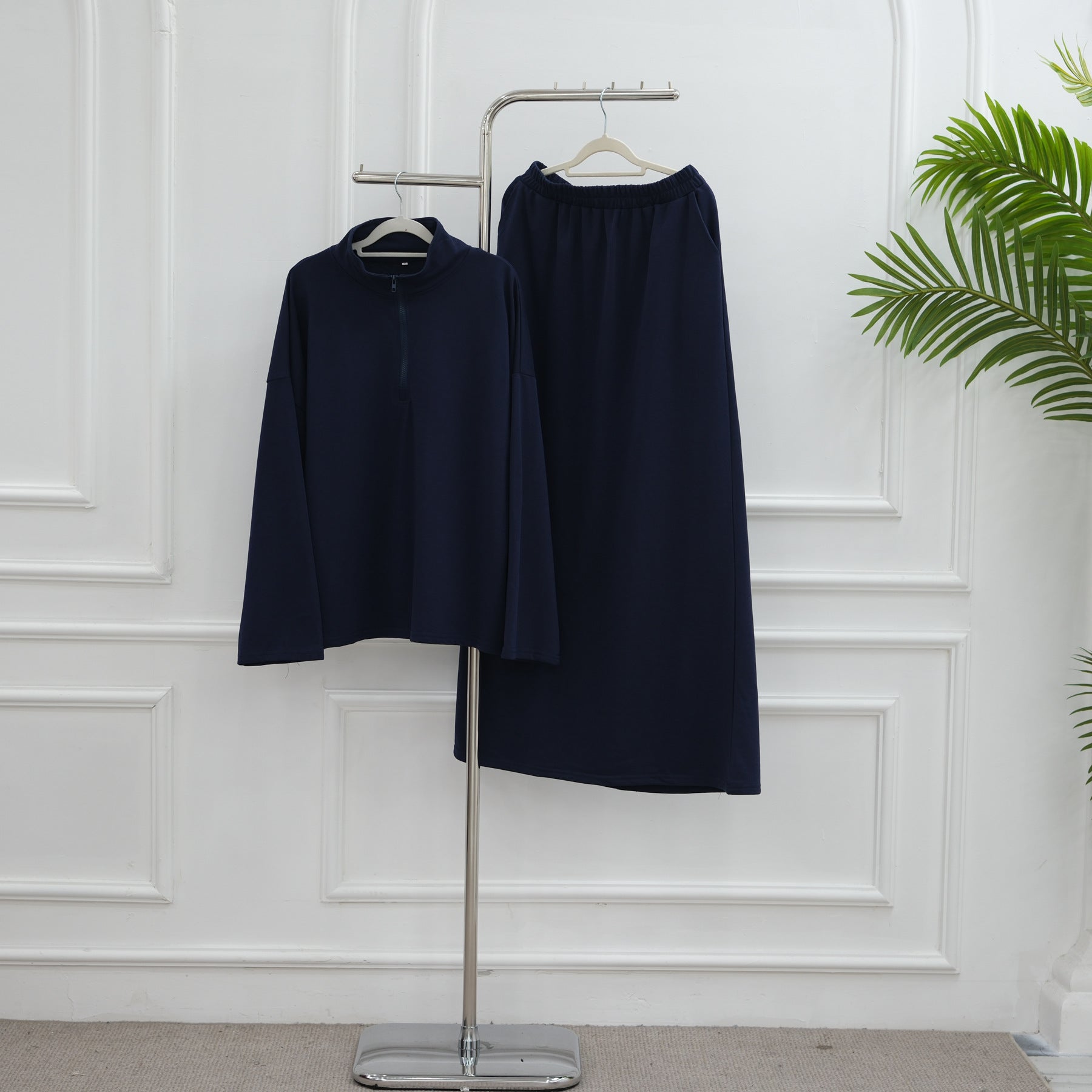 LR1127  Casual Loose Zipper Collar Top and Skirt 2-Piece Set