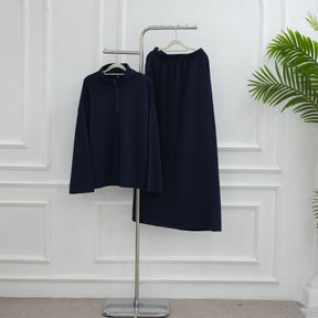 LR1127  Casual Loose Zipper Collar Top and Skirt 2-Piece Set