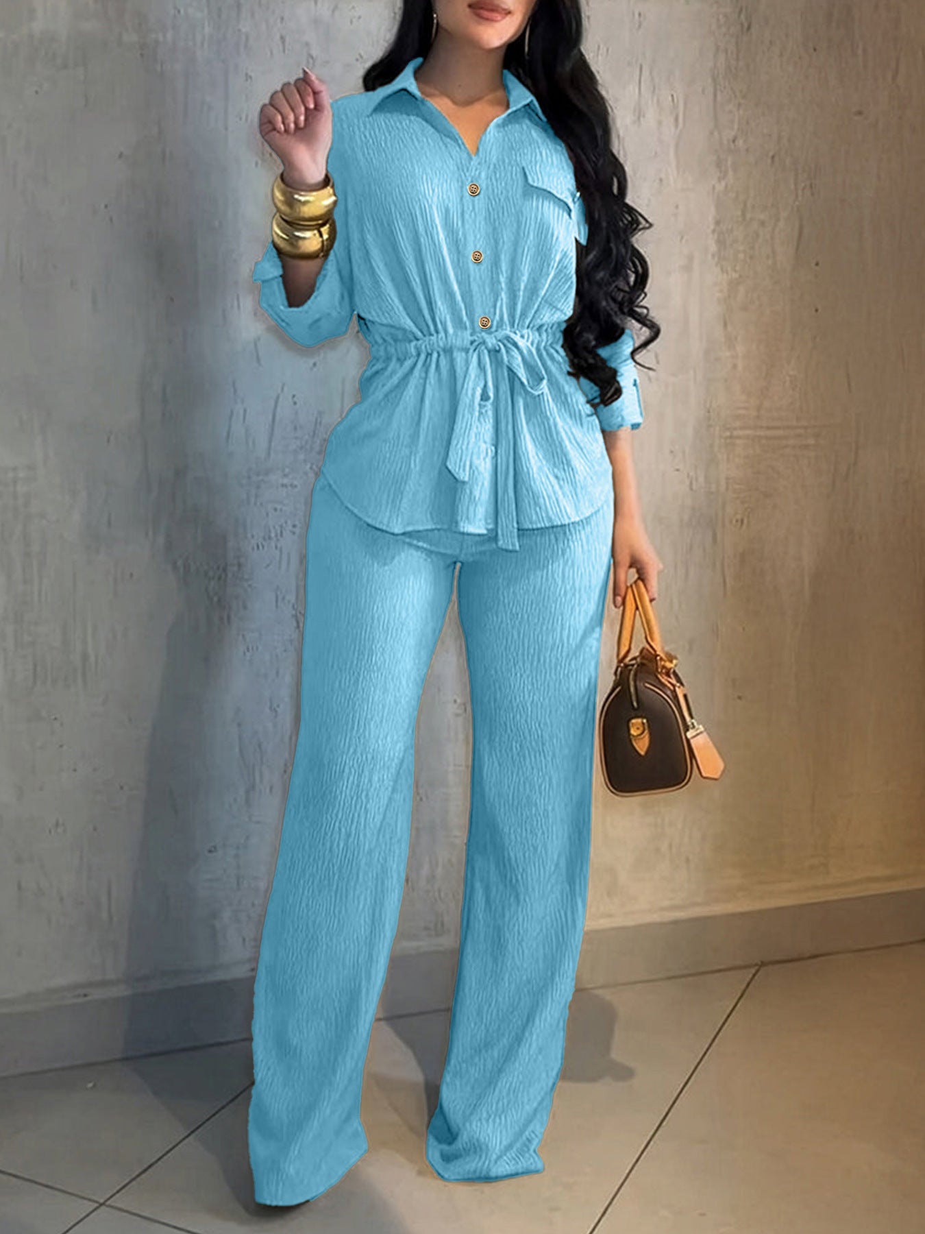 HC55359  Women's Lapel Button Shirt & Drawstring Wide-Leg Pants Set