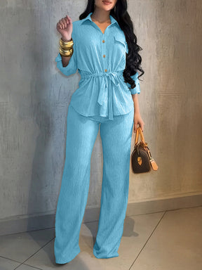 HC55359  Women's Lapel Button Shirt & Drawstring Wide-Leg Pants Set
