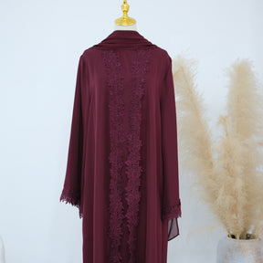 LR1191  Plain Nida Gold Foil Lace Open Abaya + Inner Layer + Hijab Set