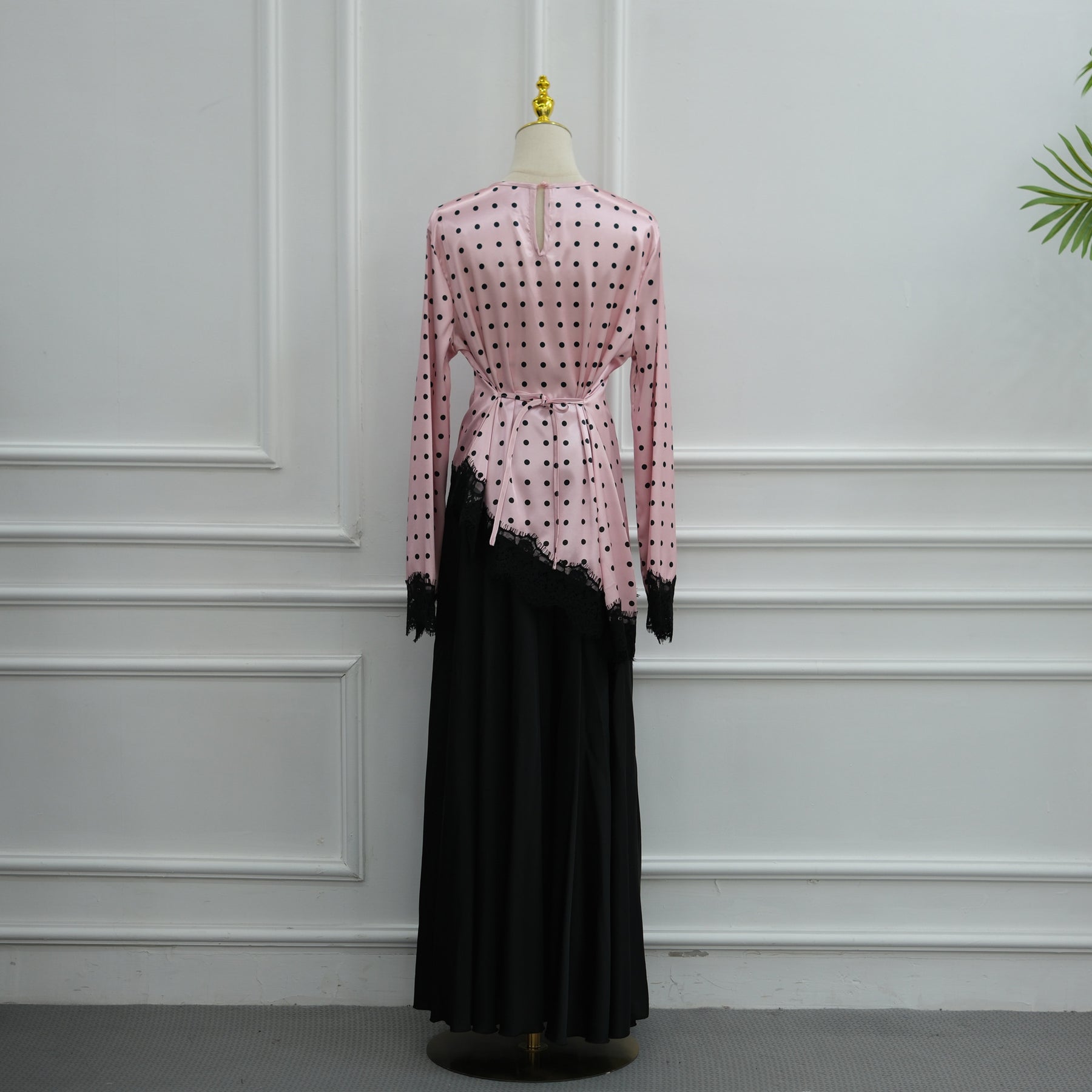 LR1357&LR1185  Lace Panel Polka Dot Polyester Top + Skirt Set