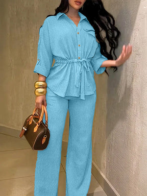 HC55359  Women's Lapel Button Shirt & Drawstring Wide-Leg Pants Set