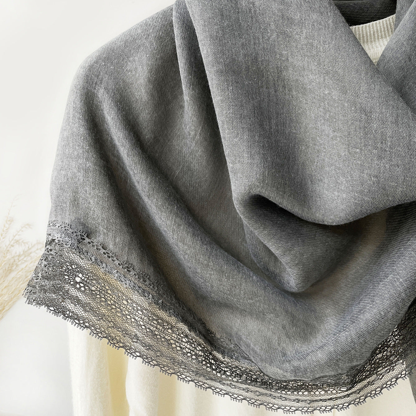 SS006  Plain Lightweight Lace Trim Polyester-Cotton Square Scarf