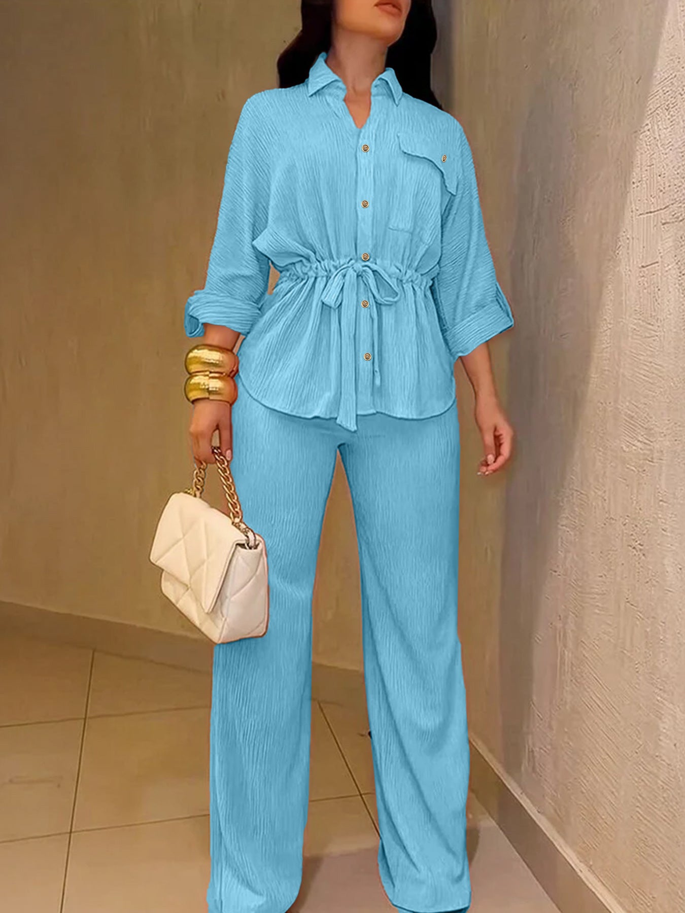HC55359  Women's Lapel Button Shirt & Drawstring Wide-Leg Pants Set